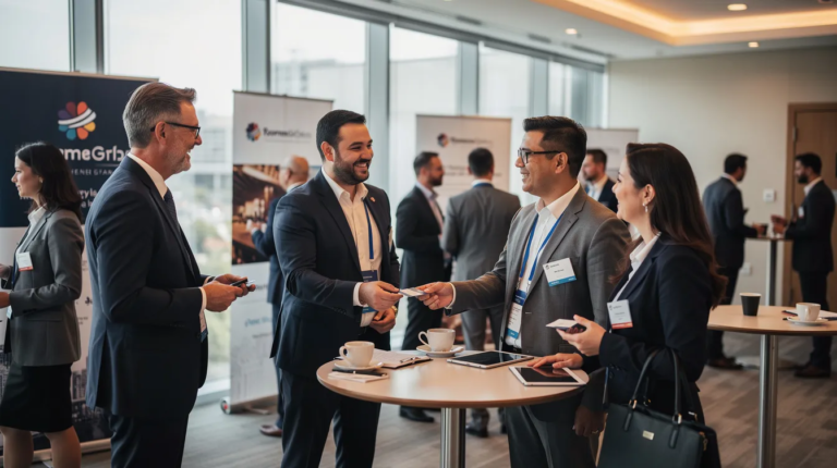A diverse group of business professionals is networking at an indoor conference event, engaging in discussions about investment opportunities and strategies within Dubai's startup ecosystem. The atmosphere is vibrant, with early stage founders and institutional investors exchanging ideas and seeking connections to raise capital for high growth potential ventures.