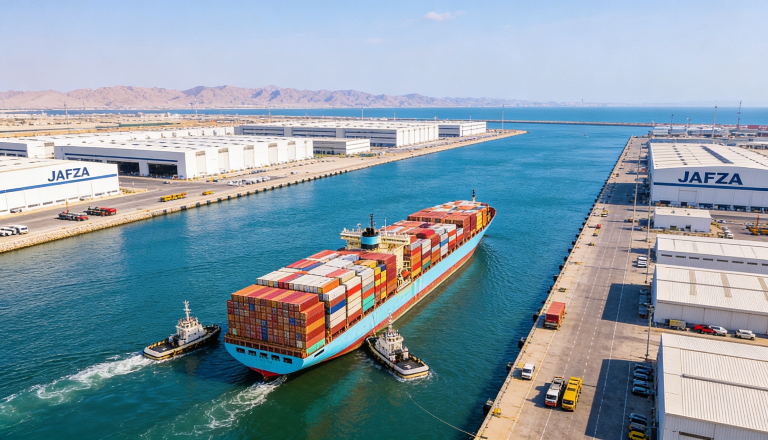 JAFZA free zone warehousing and logistics operations adjacent to Jebel Ali Port, showcasing trade infrastructure in Dubai UAE