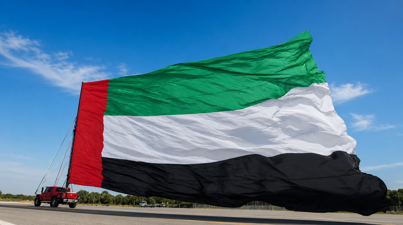 Ahmed Hassan Al Shehhi with the Guinness World Record UAE flag banner of 429.977 square metres raised from a vehicle-mounted pole in Dubai, April 2026