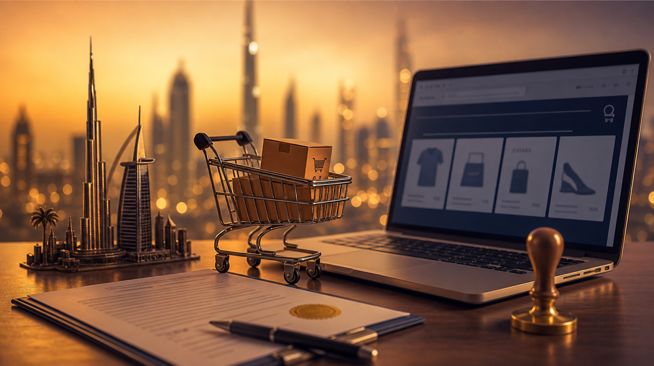 حاسوب محمول وعربة تسوق مع أفق دبي