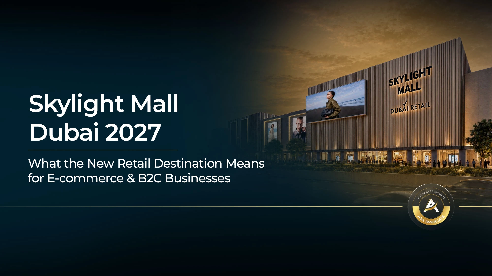 Illustration of a modern Dubai shopping mall and online shopping for Skylight Mall Dubai 2027